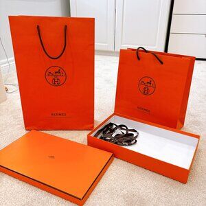 2 HERMES SHOPPING BAGS, 1 BOX, 1 RIBBON, PRICE FOR ALL